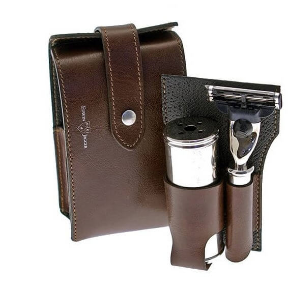 Edwin Jagger travel shaving set in a Brown leather case